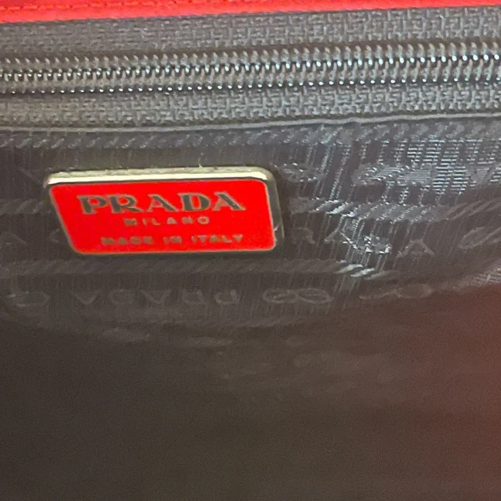 Prada Tesseto Nylon Triangle Red Tote with Transparent Handles